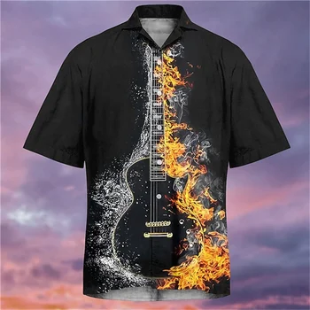 Новая мужская рубашка, гавайская рубашка с рисунком музыкальной гитары, рубашка с кубинским воротником, повседневная спортивная одежда с коротким рукавом и принтом, уличный пляжный топ.