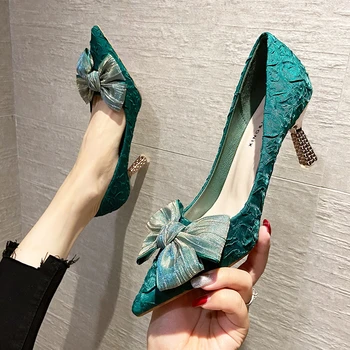 Зеленые шелковые женские туфли-лодочки на высоком каблуке с бантиком-бабочкой, пикантные свадебные туфли на металлических шпильках с острым носком, женские весенние бомбасы 2023 года.