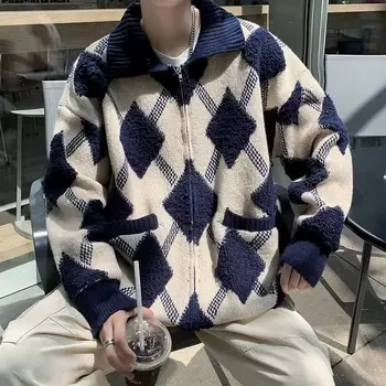 Кардиган-свитер мужской осенне-зимний японский ретро high street ins модный брендовый свитер с ромбовидным отворотом, свитер, куртка