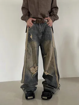 Винтажные джинсы с широкими штанинами для грязной стирки senior sense, мужские и женские повседневные рваные брюки
