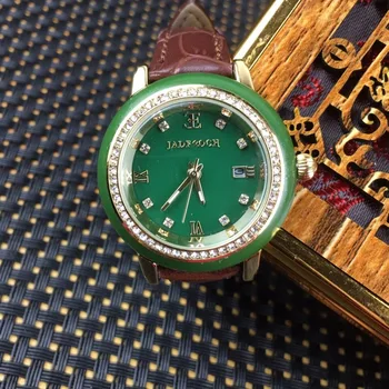 Женские нефритовые часы, часы из натурального нефрита, инкрустированный бриллиантами безель, высококачественные кварцевые наручные часы, Роскошные часы Reloj с зеленым драгоценным камнем