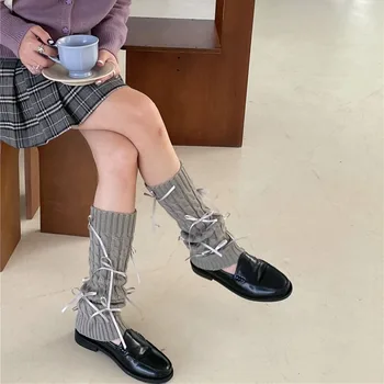Комплект носков с наборным бантом в стиле Академии, теплые чехлы для ног до колена, длинные мягкие гетры для женщин