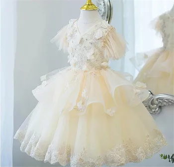 Вечернее платье для девочек с аппликацией и вышивкой в виде летних цветов, детские платья принцесс для свадьбы, дня рождения, праздничное платье