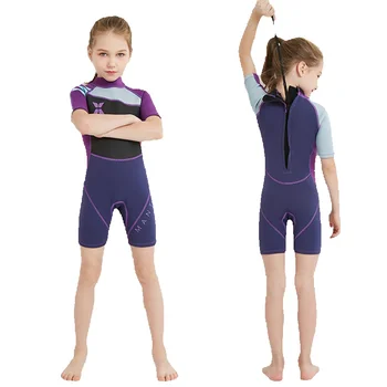 Гидрокостюм для девочек с коротким рукавом из 2,5 мм неопрена, цельный, с длинным рукавом, для защиты от солнца, теплый купальник для дайвинга, серфинга, дрифтинга, детский купальник