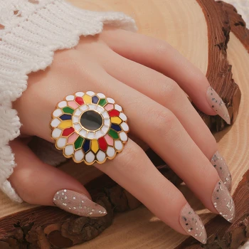 Эффектные Богемные Этнические Красочные Эмалированные Модные ретро-преувеличенные Регулируемые кольца для женщин, ювелирные изделия из геометрических колец из сплава