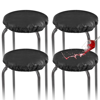 4шт круглых чехлов для табуретов, водонепроницаемых чехлов для барных стульев из искусственной кожи, противоскользящих чехлов для барных стульев с резинками, черного круглого чехла для сиденья