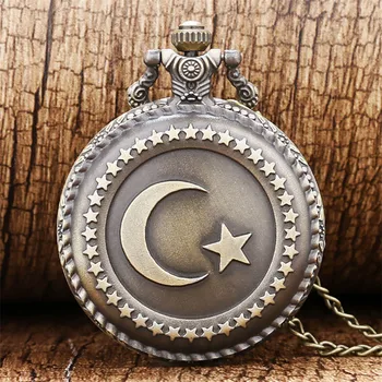 Бронзовый дизайн флага Турции Луна Звезда Круг Кварцевые антикварные карманные часы для мужчин и женщин