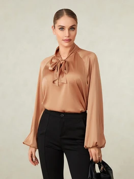 Женская атласная рубашка, элегантная рубашка с длинным рукавом, свободная однотонная блузка на завязках, осенние топы для офиса на каждый день