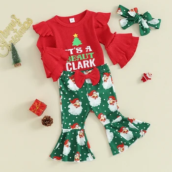 Рождественская одежда для новорожденных девочек С буквенным принтом, Комбинезон в рубчик с принтом Санта-Клауса, Расклешенные Брюки, Повязка на голову