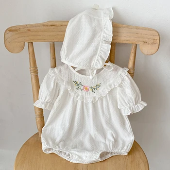 Боди для маленьких девочек + шапочка С коротким рукавом, хлопковый комбинезон с вышивкой для новорожденных девочек, летняя одежда для маленьких девочек