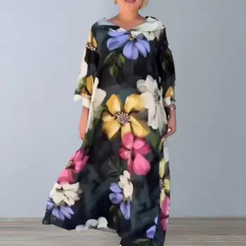 Осеннее женское платье с цветочным принтом насыщенных цветов, капюшоном, свободными рукавами Три четверти, разноцветное макси-платье из полиэстера трапециевидной формы длиной до щиколоток
