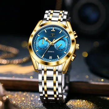 Синий циферблат с датой, Роскошные кварцевые часы, мужские водонепроницаемые часы, спортивный дизайн relogios masculino