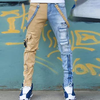 Мужские джинсы в стиле пэчворк в стиле хип-хоп, панк, готика, технологичная одежда, модные мужские рваные джинсовые брюки в стиле ретро, обтягивающие джинсовые мужские брюки-карго с несколькими карманами