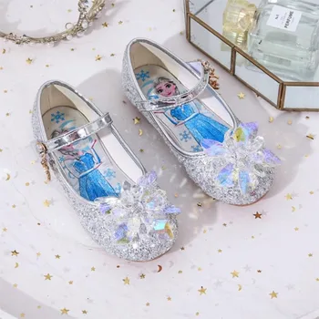 Детские кожаные сандалии Frozen Princess для девочек, повседневная обувь, блестящие летние сандалии Эльзы для девочек на высоком каблуке с узлом бабочки