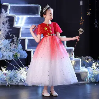 Элегантное кружевное платье принцессы, детские платья с цветочной вышивкой для девочек, винтажные детские платья для Рождественской вечеринки, бальное платье P54