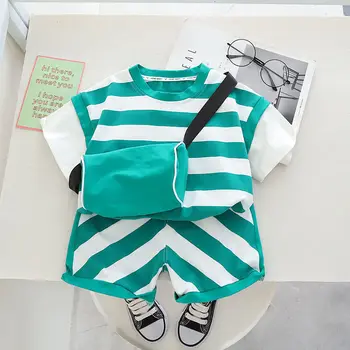 Красивая детская сумка через плечо; новый детский комплект летней одежды в полоску с короткими рукавами для девочек и корейских шорт для мальчиков;