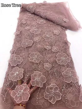 Африканская кружевная ткань 2024, высококачественная Французская 3D цветочная вышивка бисером, тюлевая кружевная ткань для вечернего платья