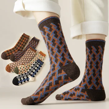 Длинные носки Qisin, Женская мода, Зимние Холодостойкие, Сохраняющие тепло Шерстяные носки С плотными Геометрическими узорами, Корейские роскошные носки Calze