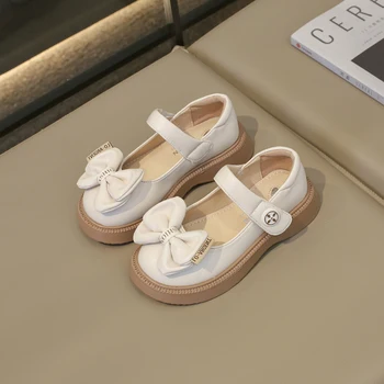 Модная детская кожаная обувь для девочек, новинка 2023 года, мягкие дышащие простые нескользящие детские лоферы с милым бантом, с круглым носком, простые