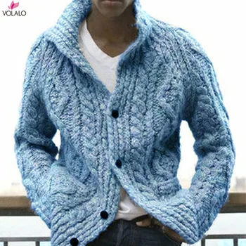 VOLALO 2023, Новый мужской свитер, осенне-зимний кардиган, однобортный свитер, мужские повседневные свободные свитера с лацканами и длинным рукавом