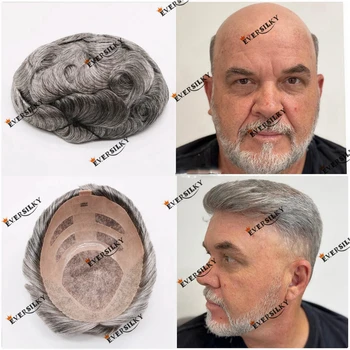 Долговечный моносвариваемый мужской парик из человеческих волос NPU, сменный парик для седых волос, капиллярный протез с воздухопроницаемым соединением