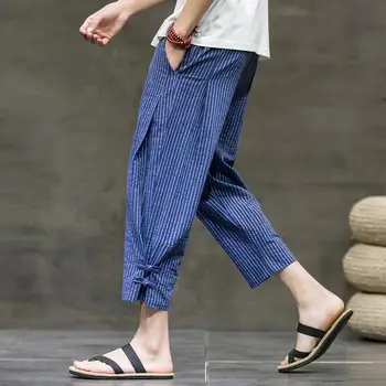 Летние дышащие мужские хлопчатобумажные льняные брюки в стиле хип-хоп, уличная одежда оверсайз, Эластичный пояс на шнурке, Свободные брюки для бега трусцой, Размер M-5XL
