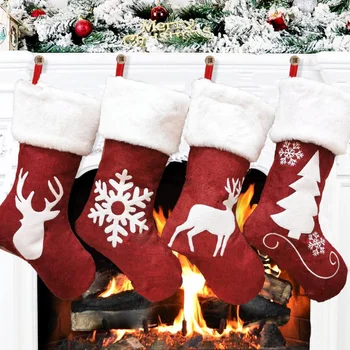 Рождественские носки, подарочный пакет, вышивка лося из красной конопли, Рождественские подарки, Рождественские подвески, Рождественские украшения для дома