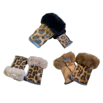 Модные теплые перчатки с леопардовым принтом, замшевая кожа, кроличий мех, плюшевые варежки на запястье