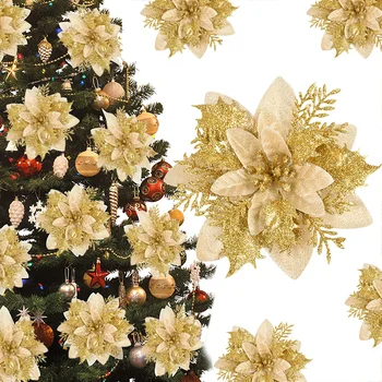 3шт Рождественские цветы 14 см, блестящие искусственные ягоды с цветочной головкой из красного золота, украшение Рождественской елки своими руками, украшения для дома на Новый год