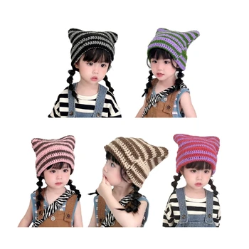 67JC Теплая и удобная детская шапка с ушками дьявольской кошки, модная вязаная шапка для мальчиков и девочек, подходящая для ребенка от 3 до 15 лет