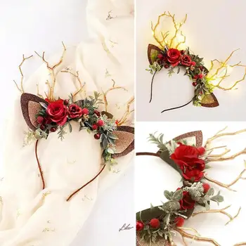 Рождественская повязка на голову с оленями, Рождественские Аксессуары для волос, Необычная повязка на голову с оленьими рогами, искусственный цветок, повязка на голову с оленями