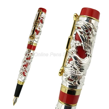Роскошная перьевая ручка Jinhao Dragon Phoenix, металлическая резьба с тиснением, тяжелая ручка серебристо-красного цвета для письма чернильной ручкой