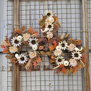 Осенний венок Фермерский дом, тыква, венок из подсолнечника, Гирлянда с листьями для украшения входной двери