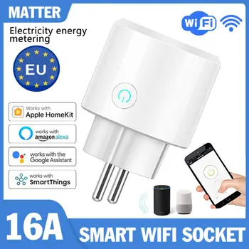 Matter 16A WiFi Smart Plug с Функцией Учета мощности Smart Plug EU Smart Socket Работает с HomeKit Alexa Google Home SmartThings