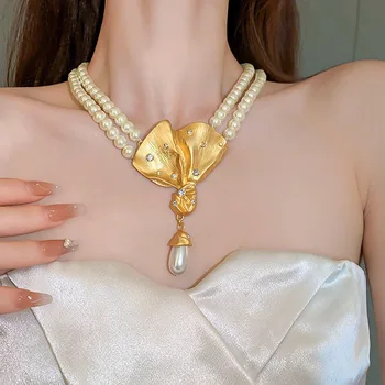 Нишевое роскошное жемчужное ожерелье из листьев гинкго, Модный дизайн, металлические серьги со стразами, женские украшения для свадебной вечеринки