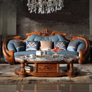 Роскошный диван для виллы в европейском стиле, импортный резной кожаный диван из черного дерева на первом этаже
