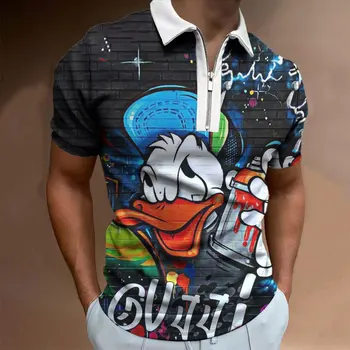 2023 Новые модные мужские футболки, летние футболки-поло с героями мультфильмов и аниме, одежда большого размера Disney Donald Duck Man на молнии