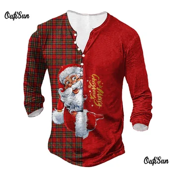 Рождественская футболка для мужчин, хлопковая футболка, забавные футболки с изображением Санта-Клауса, футболки с 3D-принтом, футболки с длинным рукавом, топы для мужчин большого размера