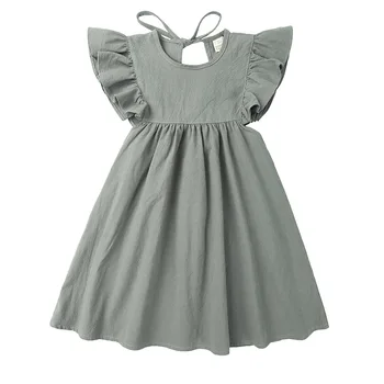 Летнее льняное хлопчатобумажное платье принцессы с цветочной каймой для маленьких девочек 2023 года для детей 1-7 лет, однотонное платье на бретельках